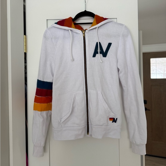 Aviator Nation RARE Signature Rainbow Full Zip Hoodie White Retro Surf Sold Out - Picture 3 of 6